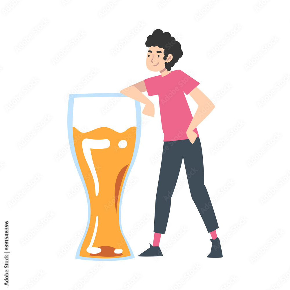 Tiny Man Standing with Huge Glass of Beer Cartoon Style Vector Illustration Tiny Man Standing with Huge Glass of Beer Cartoon Style Vector Illustration