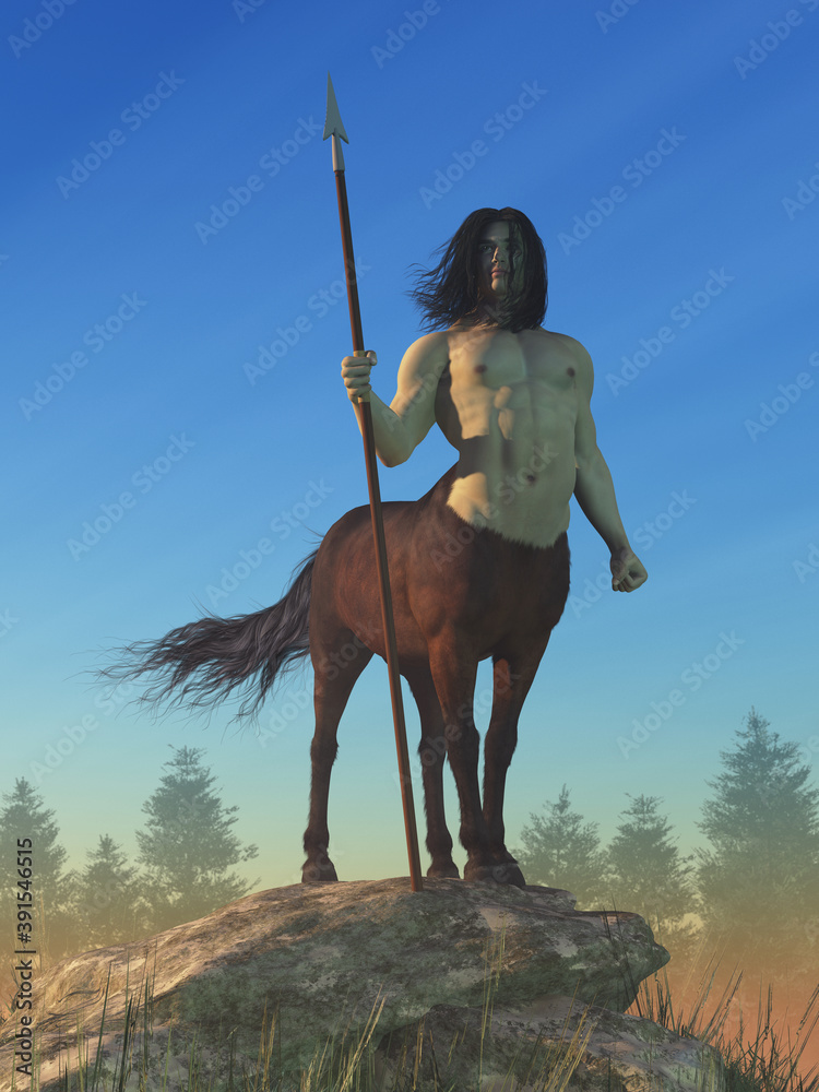 A being of myth, half horse, half man stands atop a large rock with a spear in hand. This is the A being of myth, half horse, half man stands atop a large rock with a spear in hand. This is the
