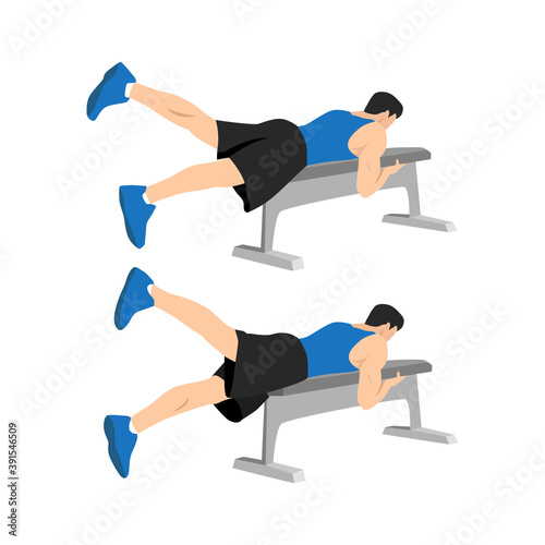 Man doing Bench flutter kicks exercise. Flat vector illustration isolated on white background. Workout character