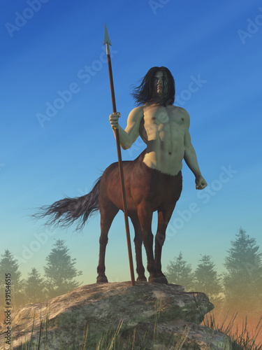 A being of myth, half horse, half man stands atop a large rock with a spear in hand.  This is the legendary centaur. photo