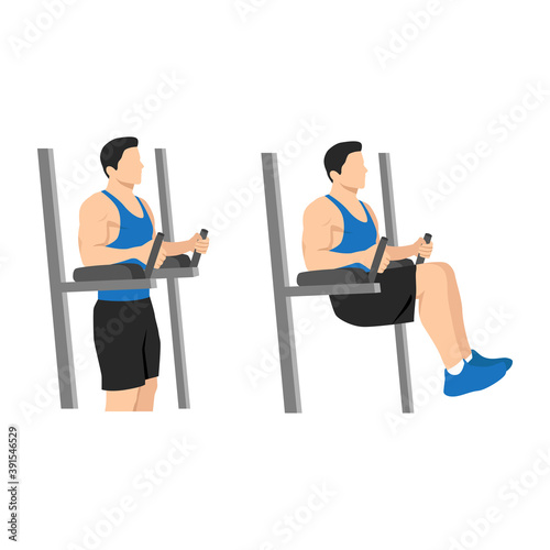 Man doing captain's chair leg,knee,hip raises exercise. Flat vector illustration isolated on white background. Workout character