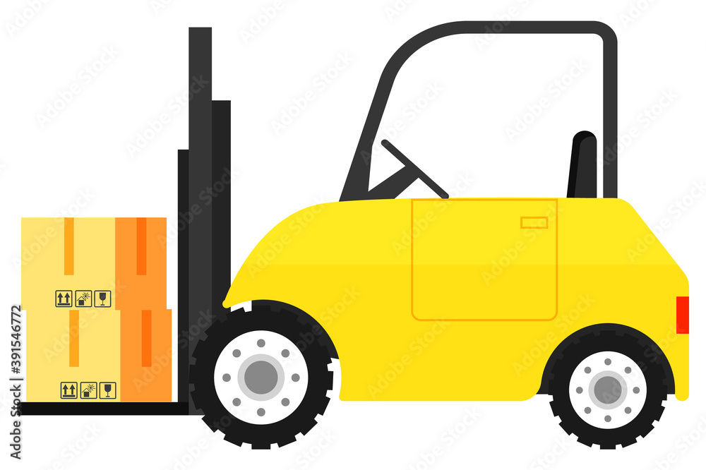 Delivery machine with cardboard box, truck with case, side view of transportation vehicle in yellow color. Logistics worldwide, cargo handling equipment, carriage with kit, import or export vector Delivery machine with cardboard box, truck with case, side view of transportation vehicle in yellow color. Logistics worldwide, cargo handling equipment, carriage with kit, import or export vector