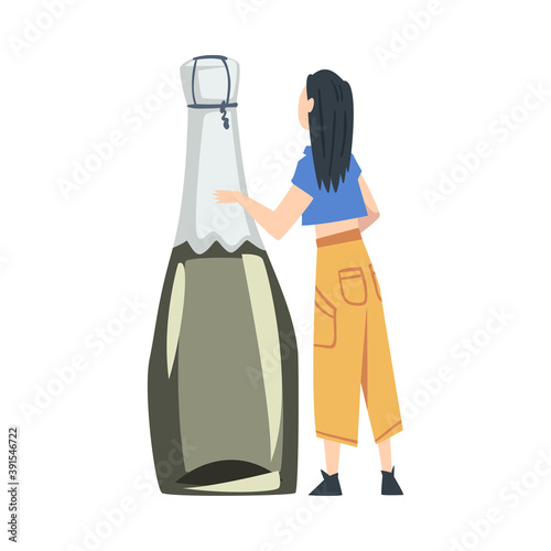 Back View of Tiny Woman Holding Huge Bottle of Champagne Cartoon Style Vector Illustration