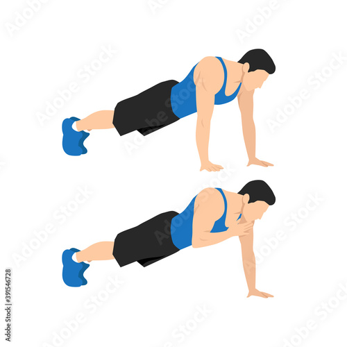 Man doing plank shoulder taps exercise. Flat vector illustration isolated on white background. Layered vector. Abs workout