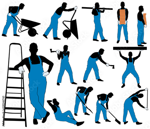 Set of silhouettes of worker in costume isolated on white background. Icons of man working with different instruments and tools.