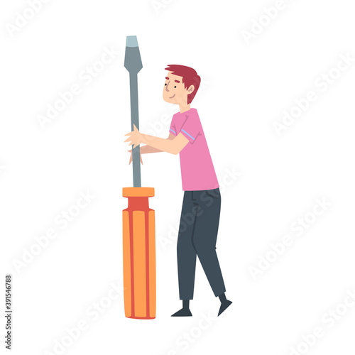 Tiny Man Holding Huge Screwdriver Cartoon Style Vector Illustration