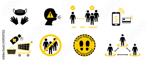 Safe shopping. Social distancing. Included icons as a mask and gloves required, clean shopping cart, avoid crowded, keep your distance and contactless payment. Keeping a distance between people