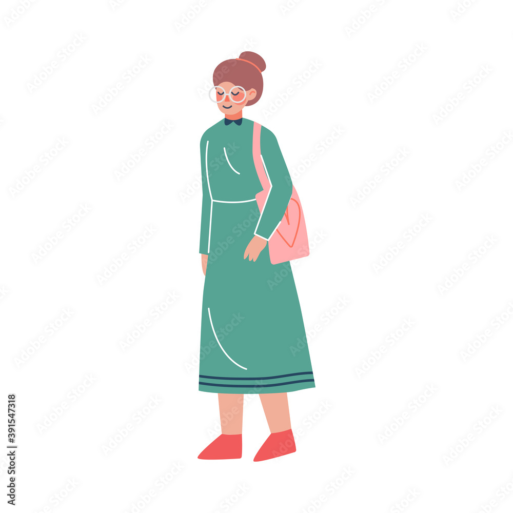 Girl Standing Full Length Posing for Photo Cartoon Style Vector Illustration