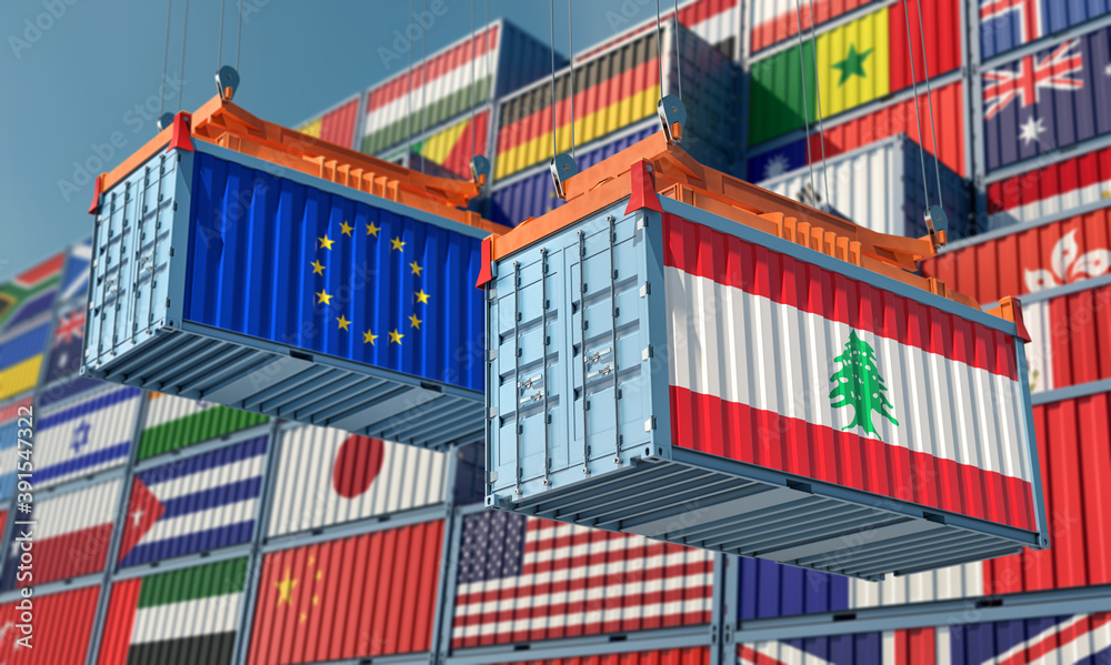 Freight containers with European Union and Lebanon flag. 3D Rendering 