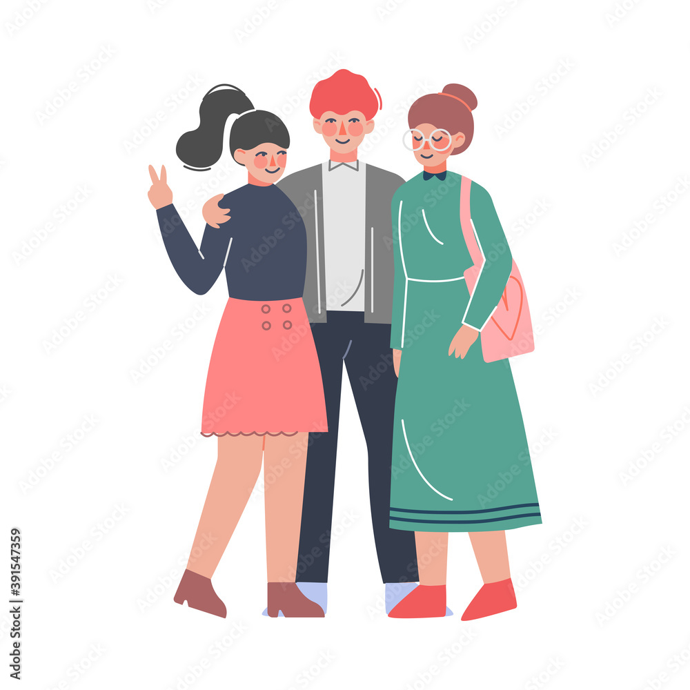 Group of Teenagers Posing for Photo, Friends Spending Time Together Cartoon Style Vector Illustration