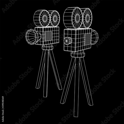 Polygonal camera projector. Movie time. Show film cinema festival concept. Wireframe low poly mesh vector illustration.