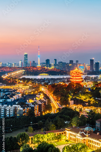 Night view of Yellow Crane Tower in Wuhan  Hubei  China
