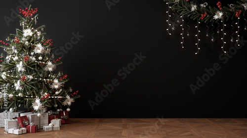 christmas tree, presents and decoration in empty living room, black mockup wall, 3D Illustration
