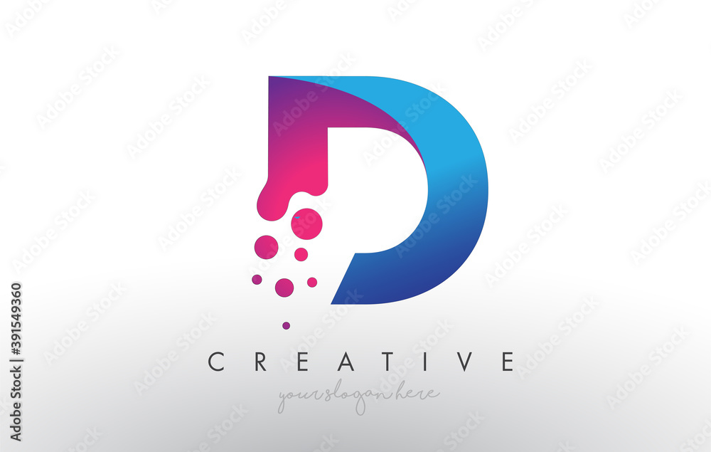 D Letter Design with Creative Dots Bubble Circles and Blue Pink Colors - obrazy, fototapety, plakaty 