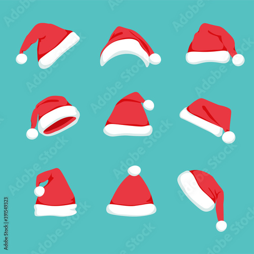 Set of cartoon red Santa hats isolated on blue background. Winter cap. Xmas and New Year holiday mascarade costume. Vector illustration. 