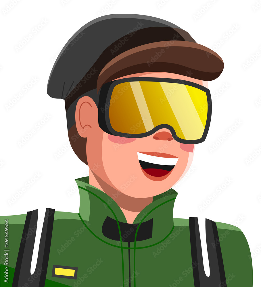 Young happy man in winter outwear ski mask on his face on white background vector. Male character doing winter activities, tourist in mountains, sportsman skier or climber flat cartoon illustration Young happy man in winter outwear ski mask on his face on white background vector. Male character doing winter activities, tourist in mountains, sportsman skier or climber flat cartoon illustration