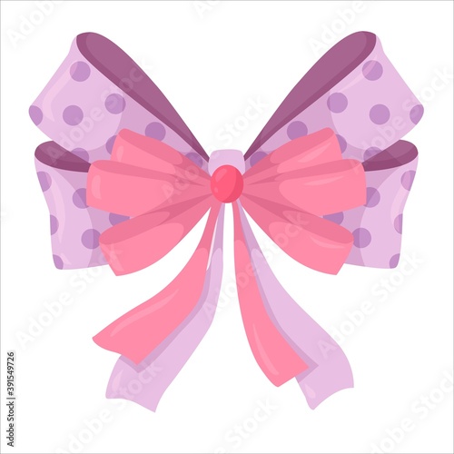 beautiful violet bow drawn in cartoon style. fashion elements and Holiday dressing items, beauty, gift and birthday decorative ribbons. Vector illustration isolated on white background.