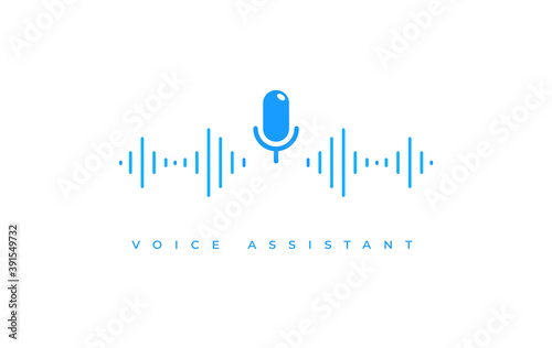 Microphone icon with soundwave. Flat vector illustration of voice assistant blue symbol for sound recognition and artificial intelligence technology isolated on white background