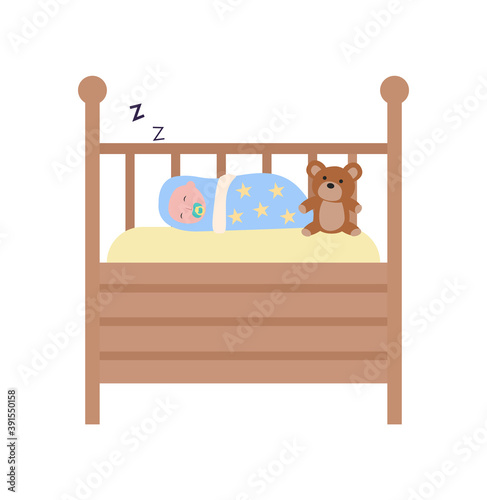 Newborn sleeping in baby bad, portrait view of little son in blue diaper, infant with nipple lying in wooden cot with teddy, flat design style vector