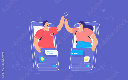 Video call or mobile chat conversation. Concept vector illustration of two friends giving a high-five on smartphones in the chat messenger. Online conference and distance communications for people 