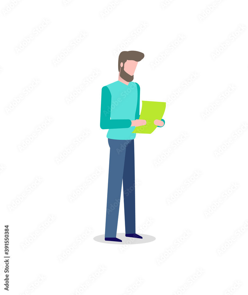 Male with green sheet of paper in hands vector isolated cartoon person. Man reading document, information in annual report, message or post card