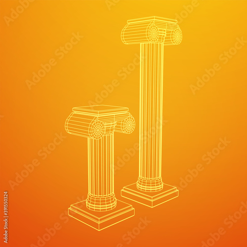 Greek ionic column. Ancient pillars roman antique architecture construction decoration. Wireframe low poly mesh vector illustration.