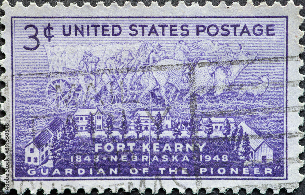 USA - Circa 1948 : a postage stamp printed in the US showing Fort Kearny, Nebraskadas Text: Guardian of the Pioneer. Centenary