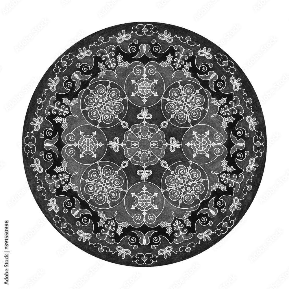 Colored pencil effects. Mandala illustration black, white and grey. Christmas ball, butterfly, heart and Christmas tree.
