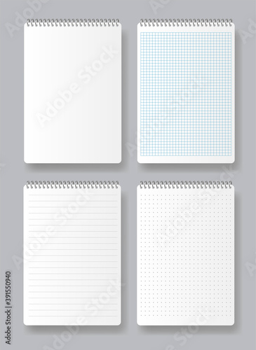 Realistic spiral notepads. Set of various white papers for your text. Blank pages of school notebook with margins isolated on gray background.
