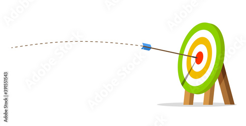 Target with an arrow hit the center. Business challenge and goal achievement concept. Flight path. Vector illustration isolated on white background.