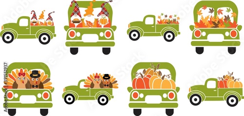 Set of cartoon Thankful trucks. Green thankful trucks