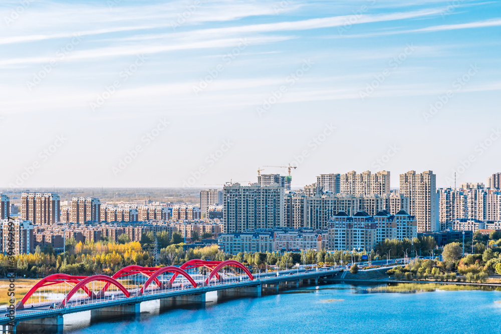 Fototapeta premium Scenery of Liaohe River and rainbow bridge in Inner Mongolia, China
