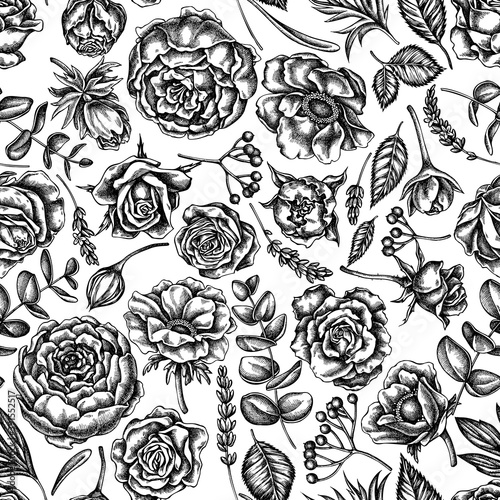 Seamless pattern with black and white roses, anemone, eucalyptus, lavender, peony, viburnum