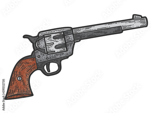 Colt revolver, cowboy gun. Apparel print design. Color hand drawn image.