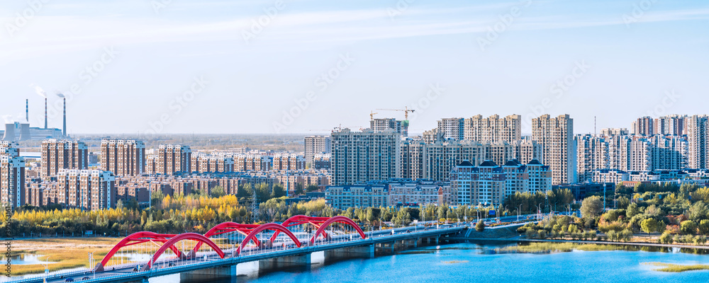 Fototapeta premium Scenery of Liaohe River and rainbow bridge in Inner Mongolia, China