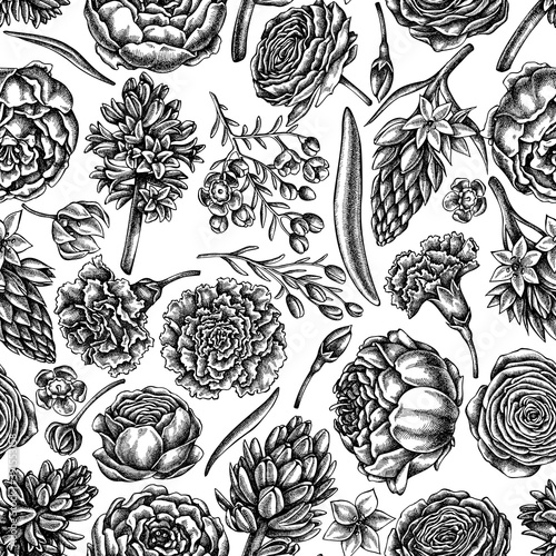 Seamless pattern with black and white peony, carnation, ranunculus, wax flower, ornithogalum, hyacinth