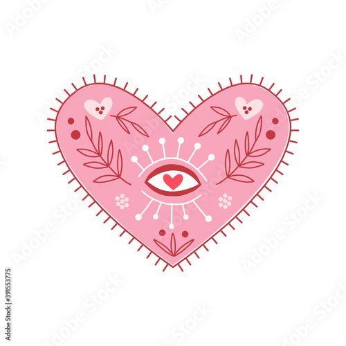 Boho ornate folk floral heart with seeing eye vector illustration for magical spiritual design