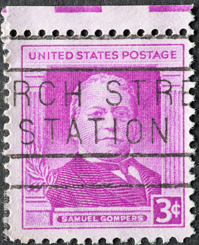 USA - Circa 1950 : a postage stamp printed in the US showing a portrait of union leader Samuel Gompers