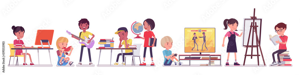 Ethnically diverse children playing, studying, resting indoor. Group of happy kids busy performing arts, music, enjoy interests, practice and learn new skills. Vector flat style cartoon illustration