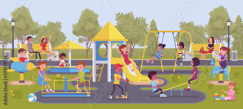 Happy kids playing in playground, leisure outside. Excited boys and girls, active children share fun with friends, outdoor bright park equipment for recreation. Vector flat style cartoon illustration