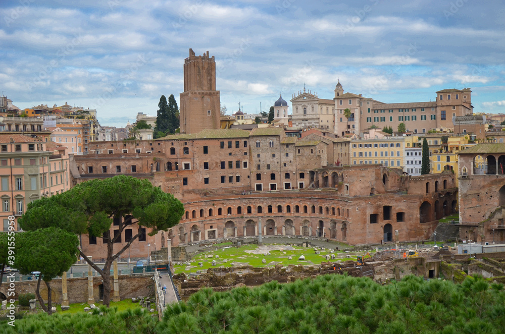 Panorama of Rome city with ancient buildings and trees