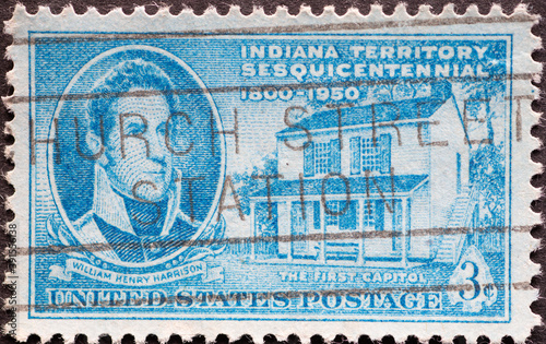 USA - Circa 1950 : a postage stamp printed in the US showing a portrait of William Henry Harrison Text: Indiana Territory Sesquicentennial. The First Capitol