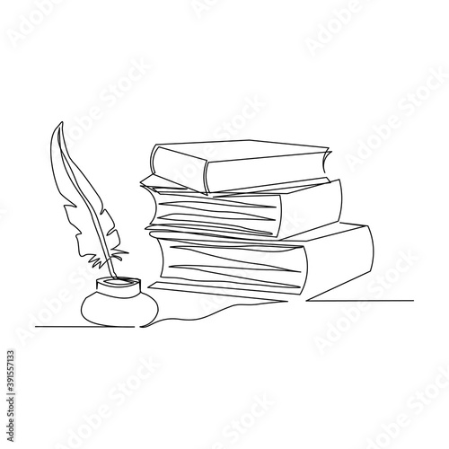 Continuous line drawing of quill pen ink and stack of book. One line art concept of vintage brush pen signature and lettering. Vector illustration