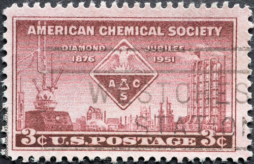 USA - Circa 1951 : a postage stamp printed in the US showing several instruments related to chemical work, including an alembic, hydrometer, and ionization indicator. Text: American Chemical Society