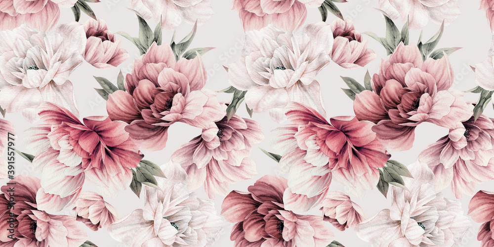 Seamless floral pattern with peony flowers on summer background, watercolor illustration. Template design for textiles, interior, clothes, wallpaper - obrazy, fototapety, plakaty 