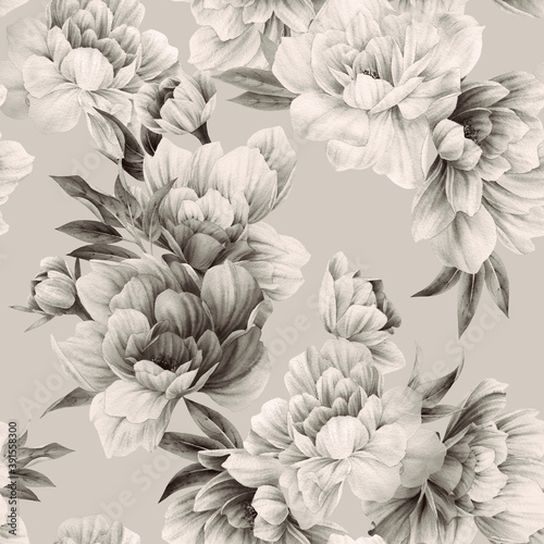 Seamless floral pattern with peony flowers on summer background  watercolor illustration. Template design for textiles  interior  clothes  wallpaper