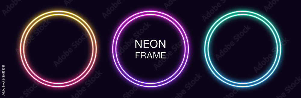 Gradient neon circle Frame. Vector set of round neon Border with double outline