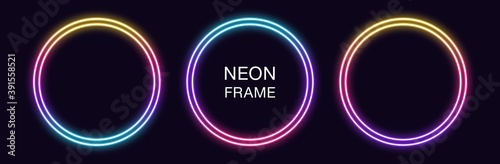 Gradient neon circle Frame. Vector set of round neon Border with double outline