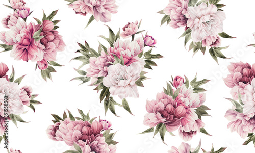 Seamless floral pattern with peony flowers on summer background, watercolor illustration. Template design for textiles, interior, clothes, wallpaper