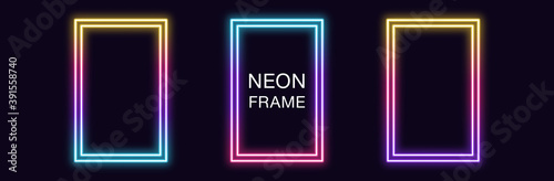 Gradient neon rectangle Frame. Vector set of rectangular neon Border with double outline